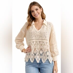 Solitaire Cream Crochet Lace Open Knit V-Neck Collar Sweater